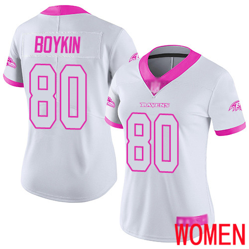 Baltimore Ravens Limited White Pink Women Miles Boykin Jersey NFL Football #80 Rush Fashion